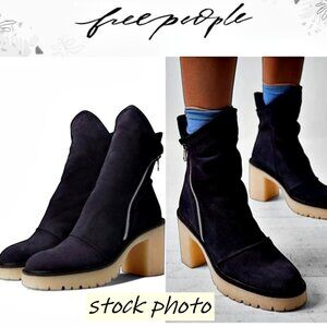 Free People Black Suede Zip Chunky Heel Ankle Boot Jack Size 9 US 39 EU Lug Sole